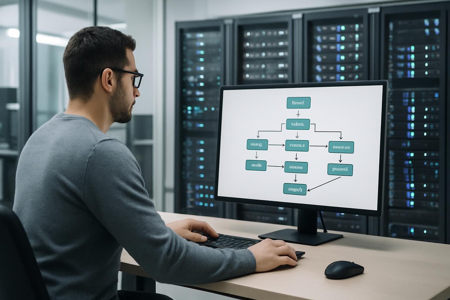 Data engineer reviewing pipeline infrastructure at a workstation