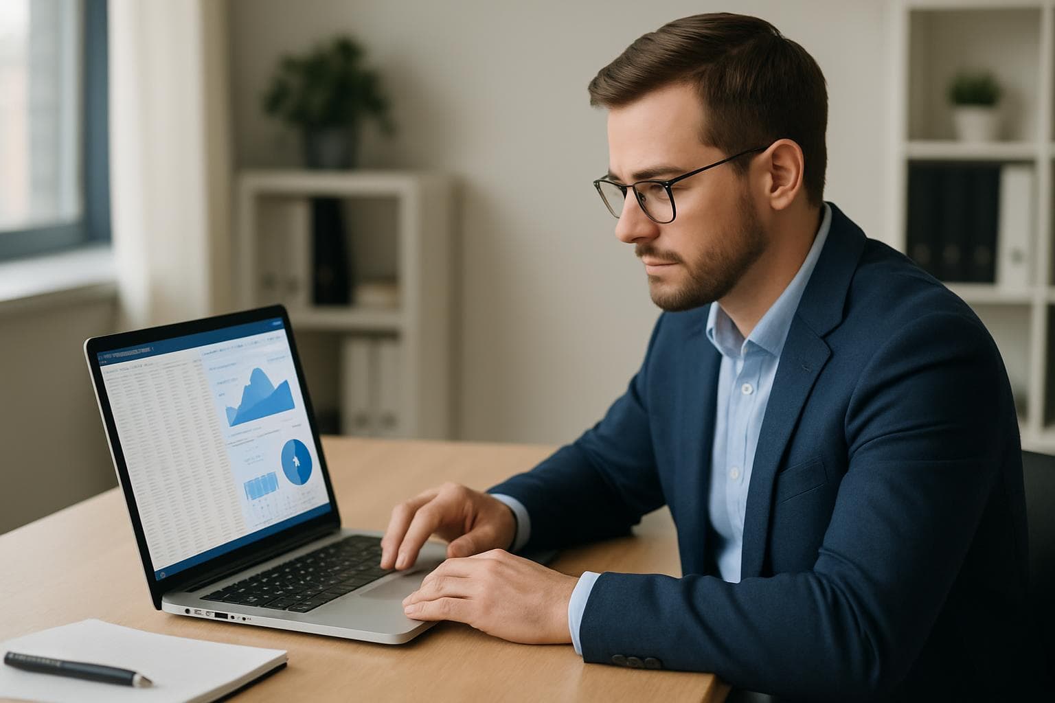 Professional analyst reviewing data on a laptop in a clean office setting