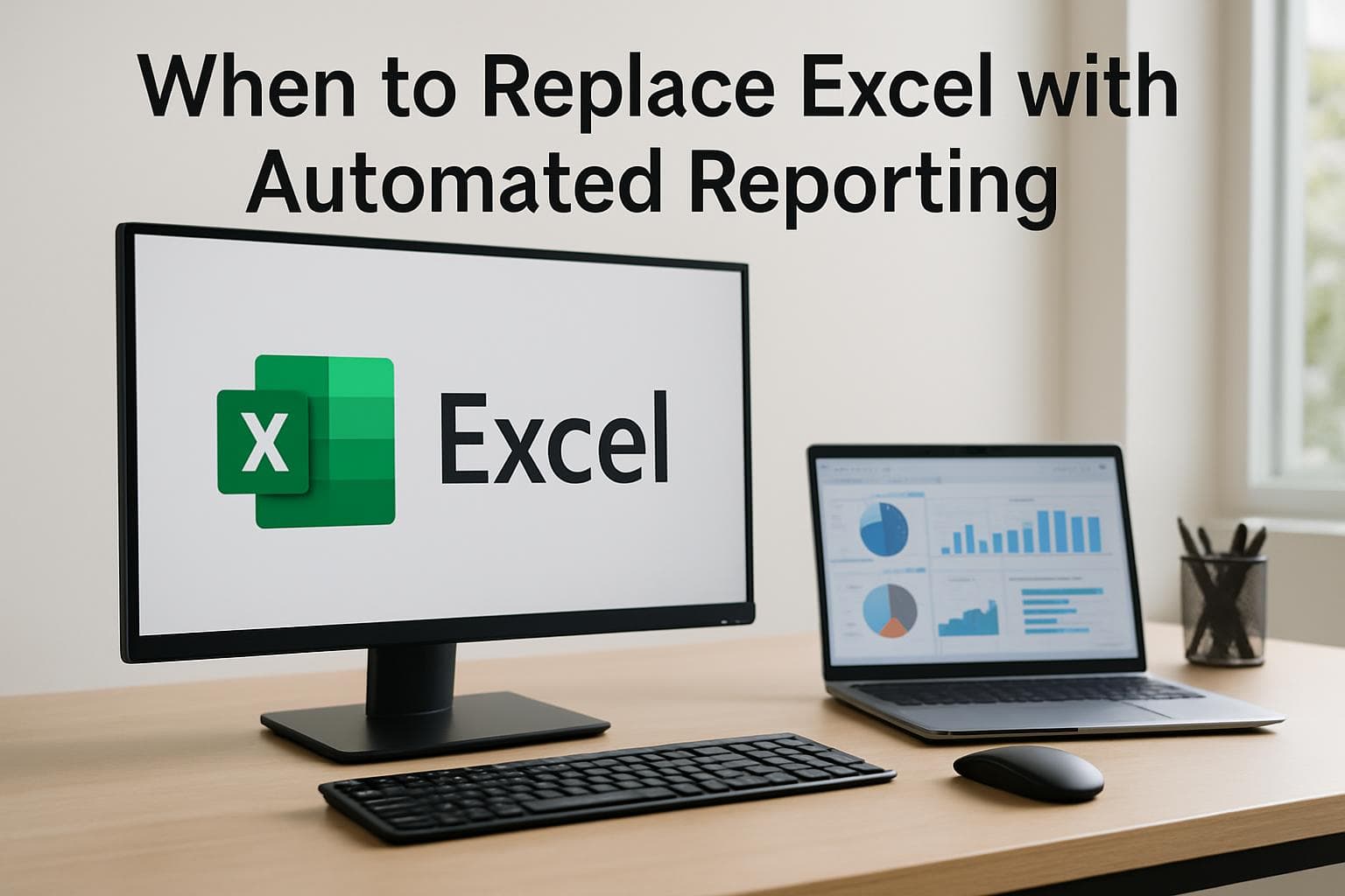 Professional office environment showing digital dashboards replacing stacks of printed spreadsheet reports