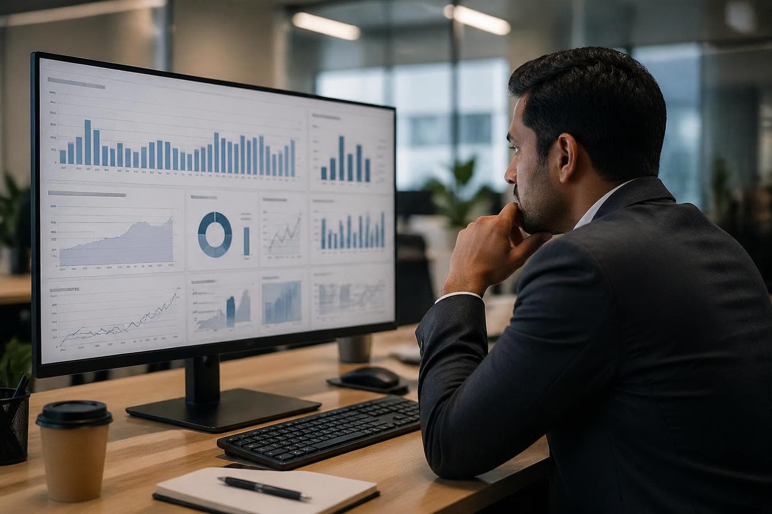 Analyst reviewing data on a corporate monitor