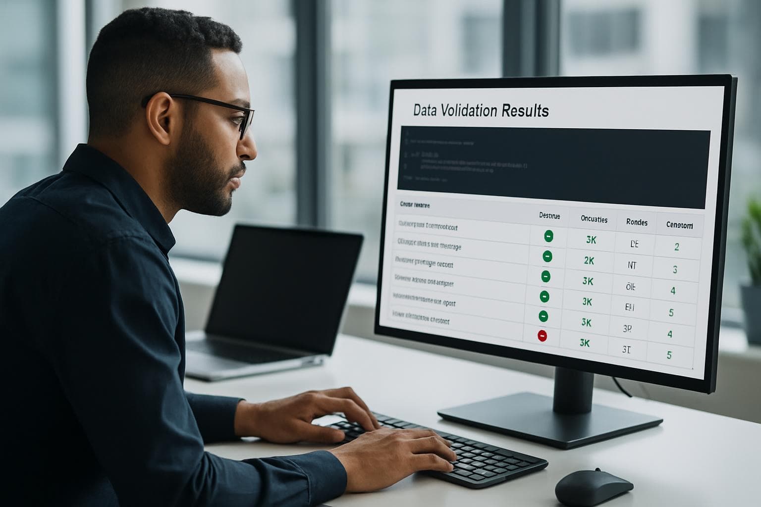 Data analyst reviewing validation results on a workstation