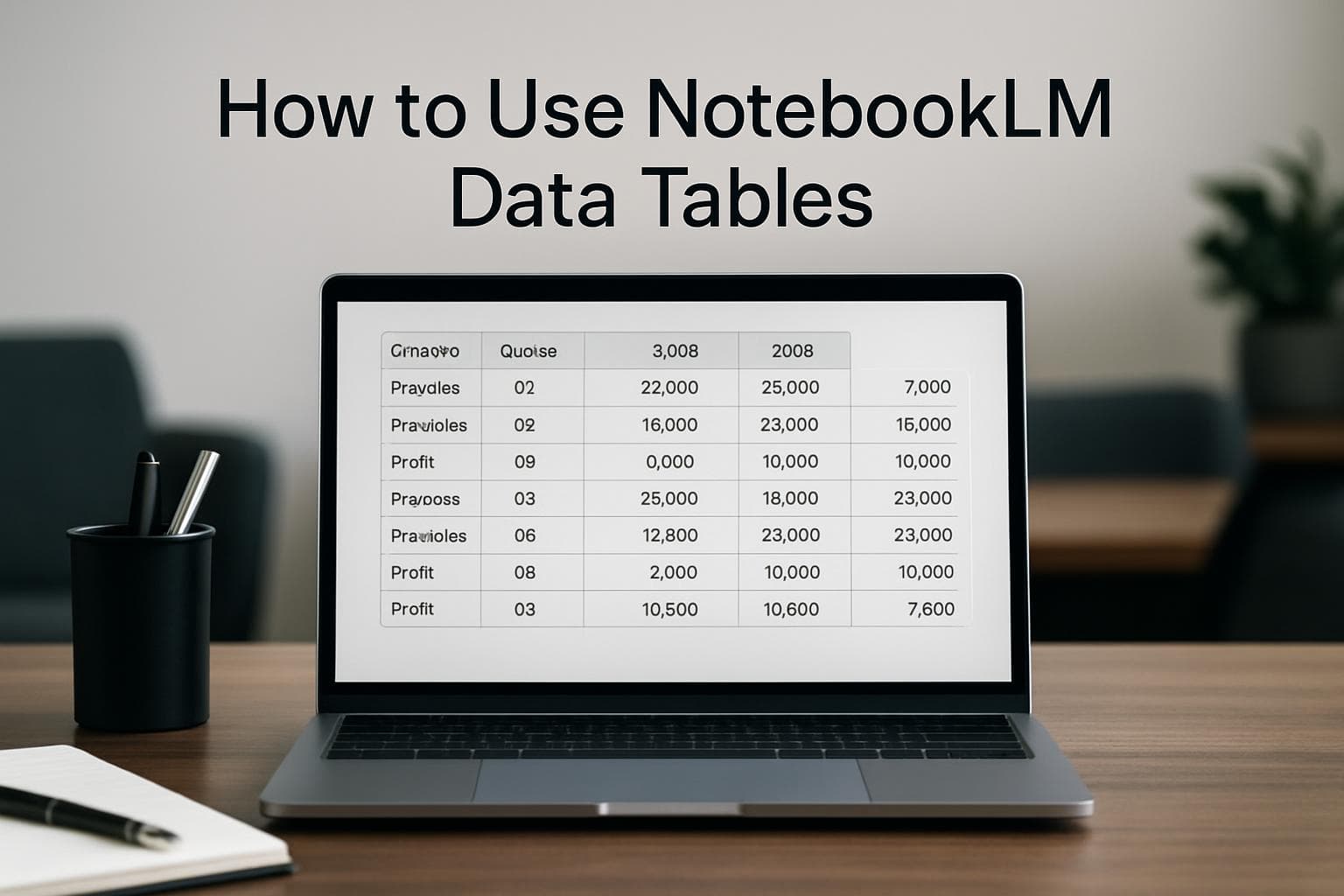 Professional editorial scene of a laptop displaying structured data tables in a modern office setting