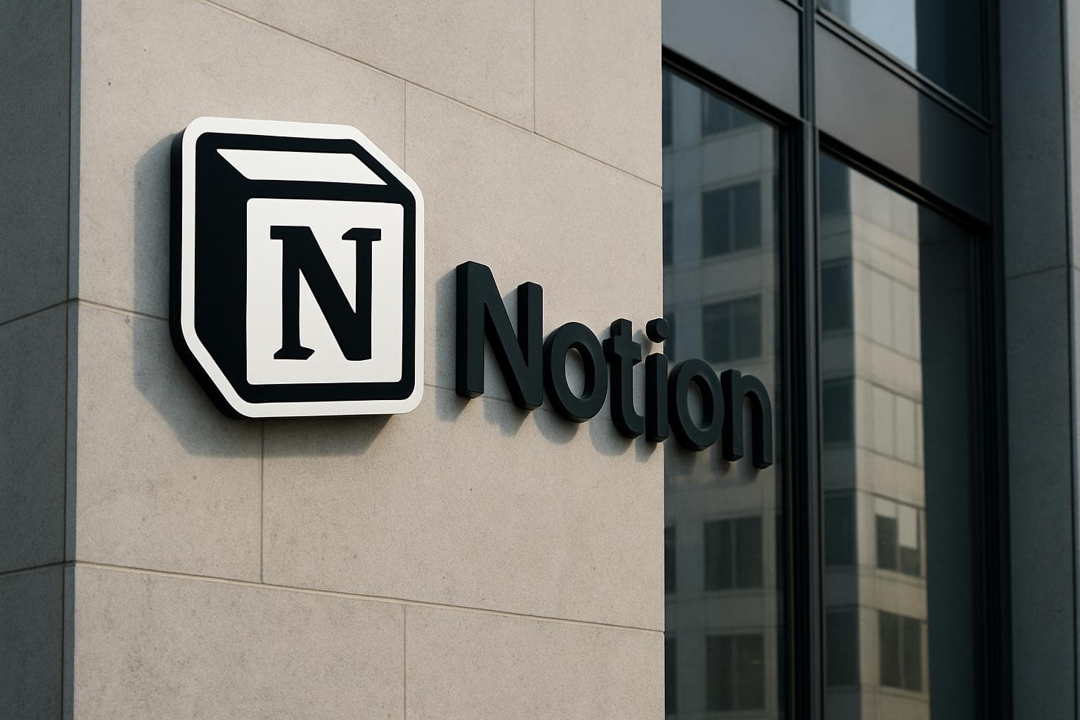 Notion logo displayed on a clean office building facade