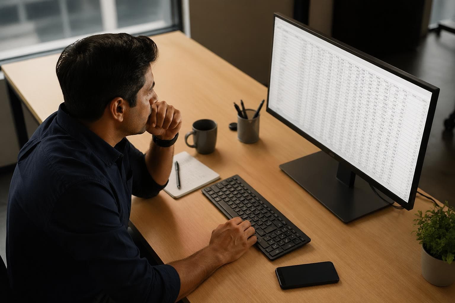Data analyst at a modern workstation reviewing a large dataset on screen