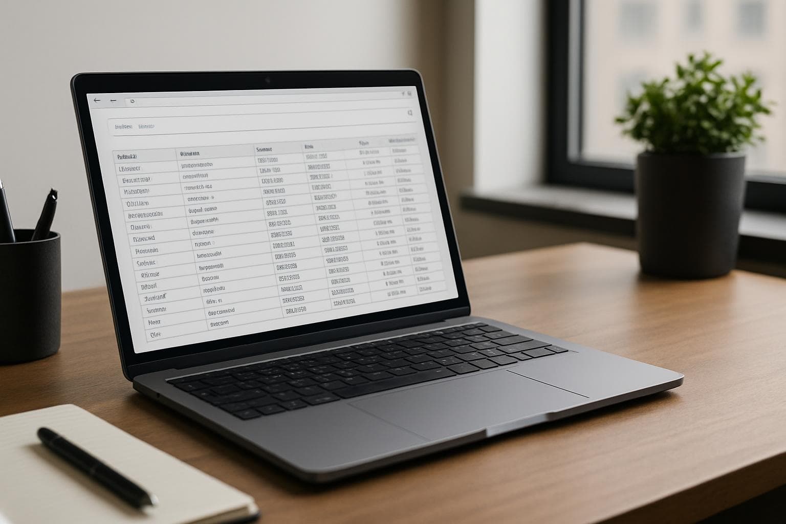 A business professional reviewing data query results on a modern laptop in an office setting
