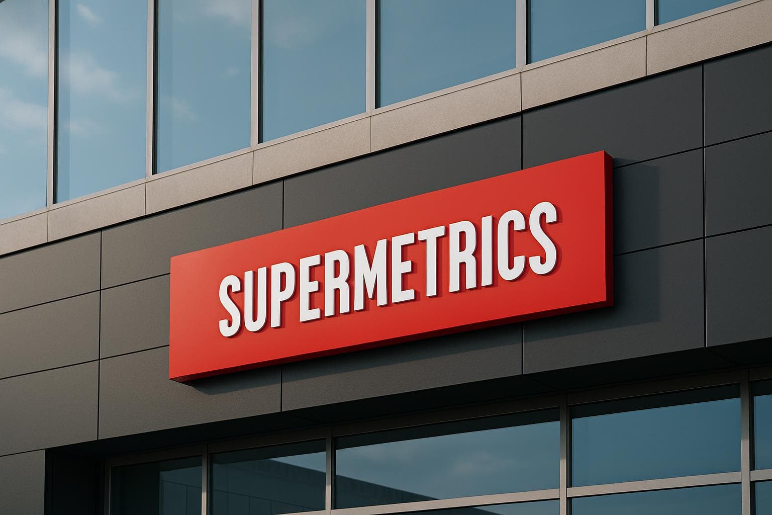 Supermetrics logo displayed on an office building facade